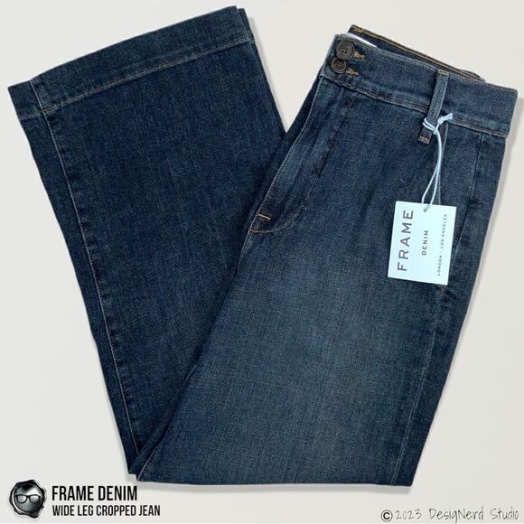 FRAME DENIM WIDE LEG CROPPED JEANS IN MOSEY BLUE STRETCH DENIM WOMEN’S SIZE 28 - Picture 2 of 15